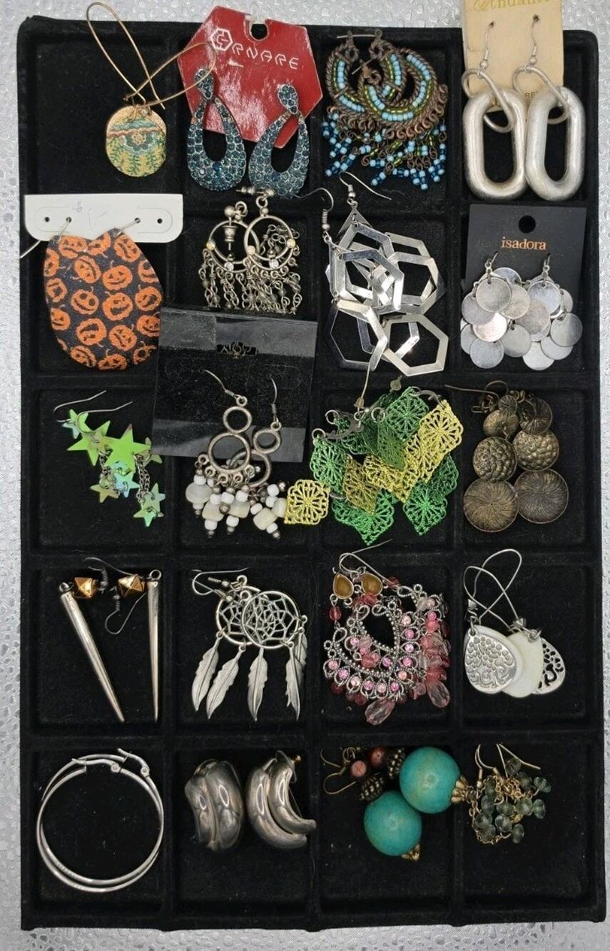 20 Pairs Of Pierced Earrings Dangling Posts Hoops Eclectic Fun